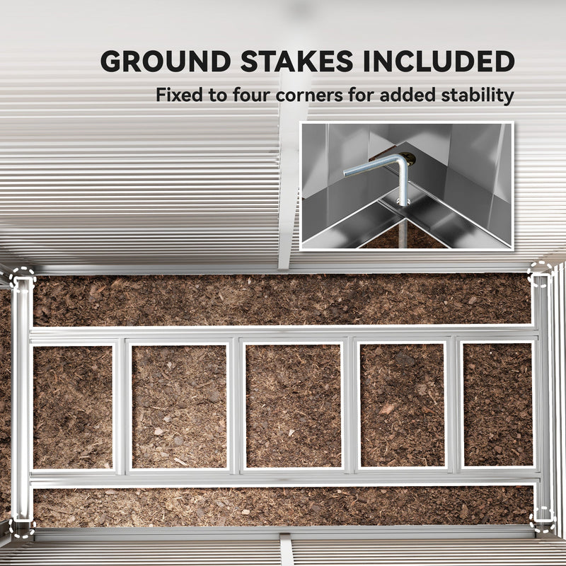 Overhead view of the foundation frame pinned at all four corners with the included ground stakes