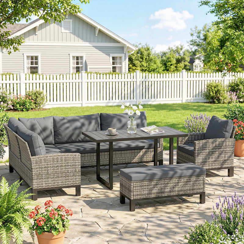 9-Seater Rattan Garden Corner Sofa Set with Cushions and Dining Table — Dark Grey or Light Grey