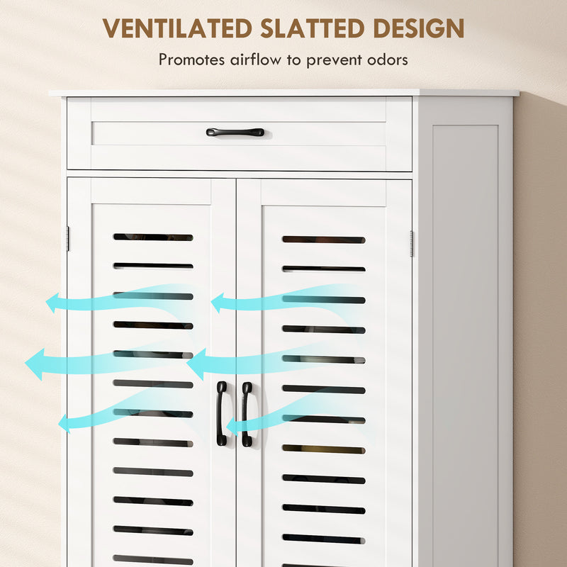 White Shoe Storage Cabinet For Hallway with Louvered Doors Adjustable Shelves and Drawer 78x37x115cm Homcom