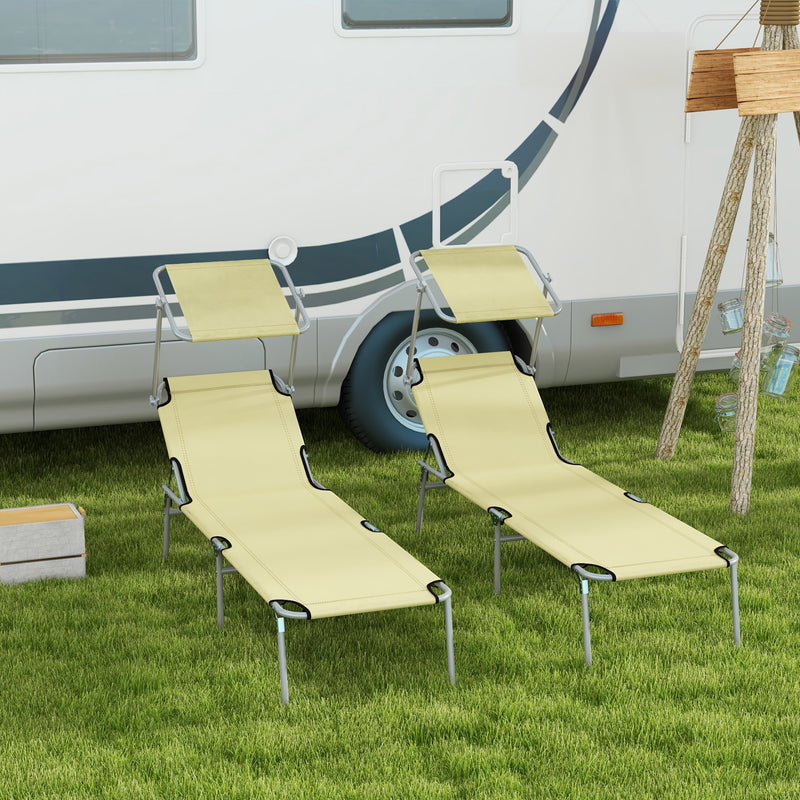 Set of 2 Beige Foldable Sun Loungers with Adjustable Backrest and Canopy for Garden or Beach Outsunny