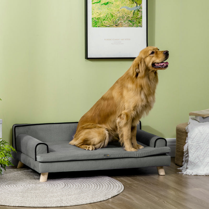 Dog Sofa with Wooden Legs and Water Resistant Cover for Medium and Large Dogs Grey