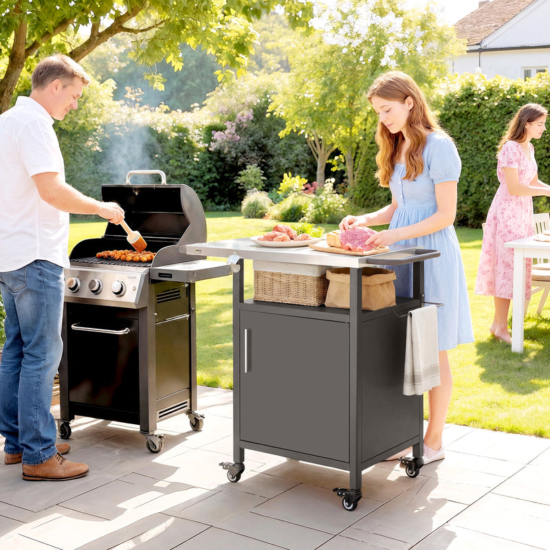 Garden BBQ Prep Table with Stainless Steel Top and Storage for Outdoor Cooking Brown