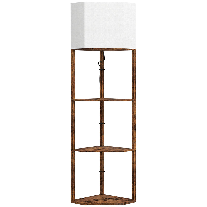 Tall Corner Floor Lamp with Shelves and Chain Switch for Living Room or Bedroom Rustic Brown