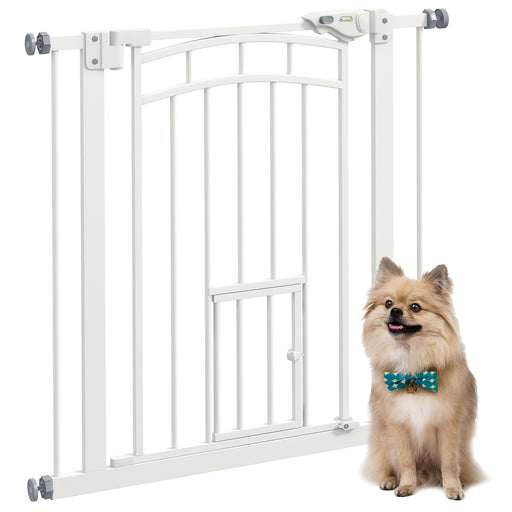 Pressure Fit Dog Gate With Auto Close And Cat Door For Stairs And Hallways White