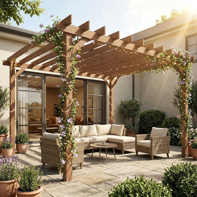 3x3m Wooden Garden Pergola Kit for Climbing Plants and Natural Shade Maple Wood Effect