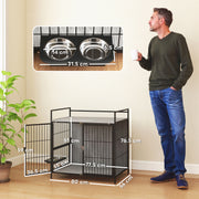 Grey Dog Crate Furniture with Rotating Bowl Holder and Double Doors for Medium Dogs by PawHut