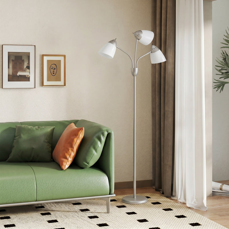 Floor Lamp with 3 Adjustable Shades for Flexible Living Room or Office Lighting Silver Tone