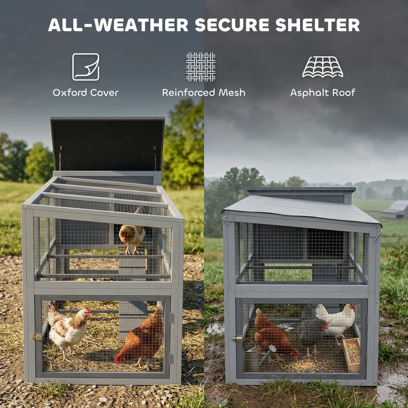 Chicken Coop for 3 to 4 Hens with Easy Clean Tray and Secure Outdoor Run Grey AOSOM