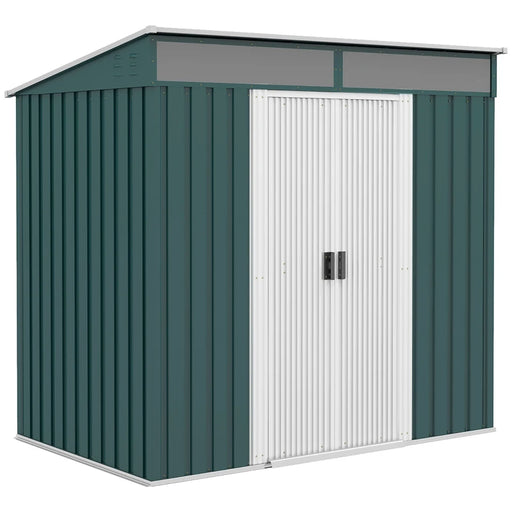 Image of a Green Galvanised Metal Garden Storage Shed With White Doors