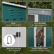 Image of a Green Galvanised Metal Garden Storage Shed With White Doors