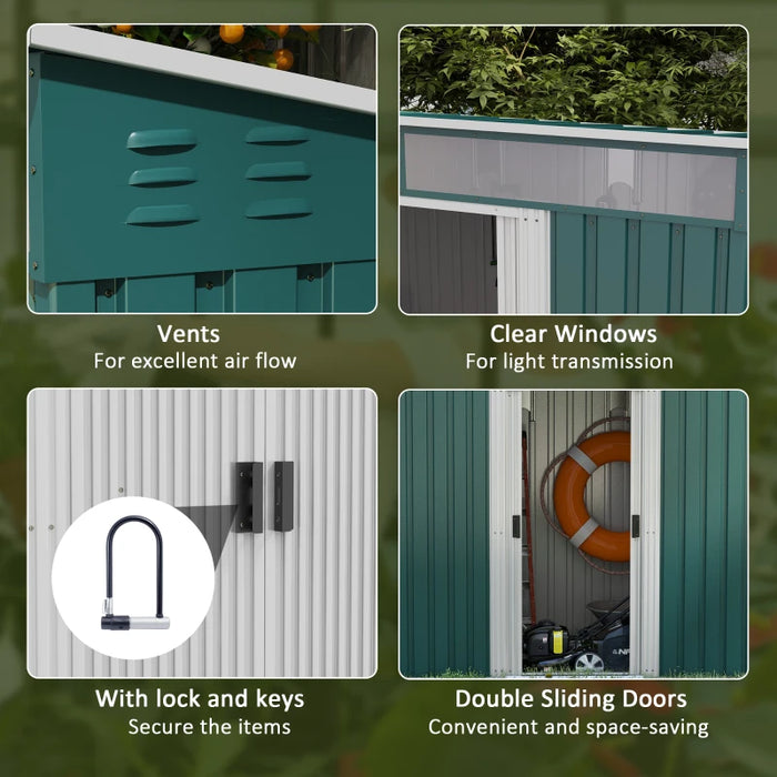 Image of a Green Galvanised Metal Garden Storage Shed With White Doors