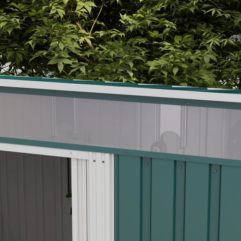 Image of a Green Galvanised Metal Garden Storage Shed With White Doors