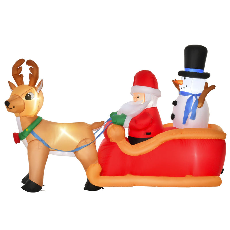 Inflatable reindeer, Santa and snowman on a sleigh from the side on a white background
