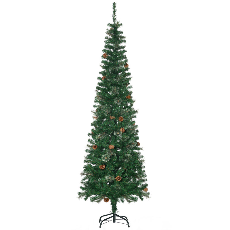 Full-length pine cone pencil tree on a black stand, white background