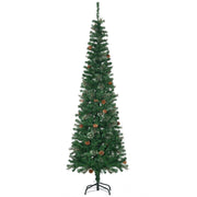 Green slim pencil Christmas tree with pine cones on a black metal stand, white background