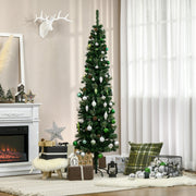 Pencil Christmas tree with pine cones and green and silver baubles beside a white fireplace