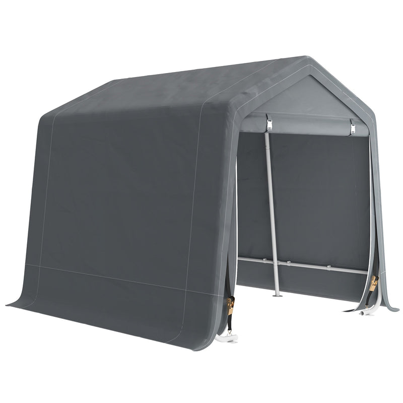 Dark grey 6.5x8ft portable garden storage shed with two roll-up zip doors on a white background