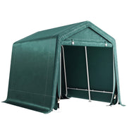 Green 6.5x8ft portable garden storage shed with two roll-up zip doors on a white background