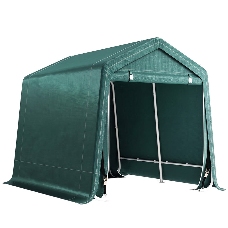 Green 6.5x8ft portable garden storage shed with two roll-up zip doors on a white background