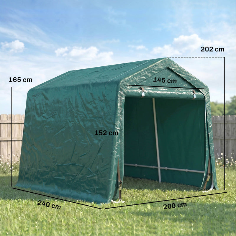 Dimensions diagram of the green shed showing 200 cm width, 240 cm depth and 202 cm height