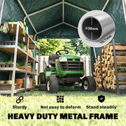 Green shed with heavy duty metal frame housing shelves, a ride-on mower and firewood