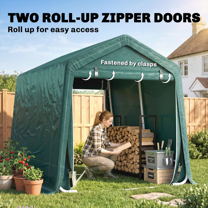 Green shed with two roll-up zip doors fastened by clasps while a woman stacks firewood