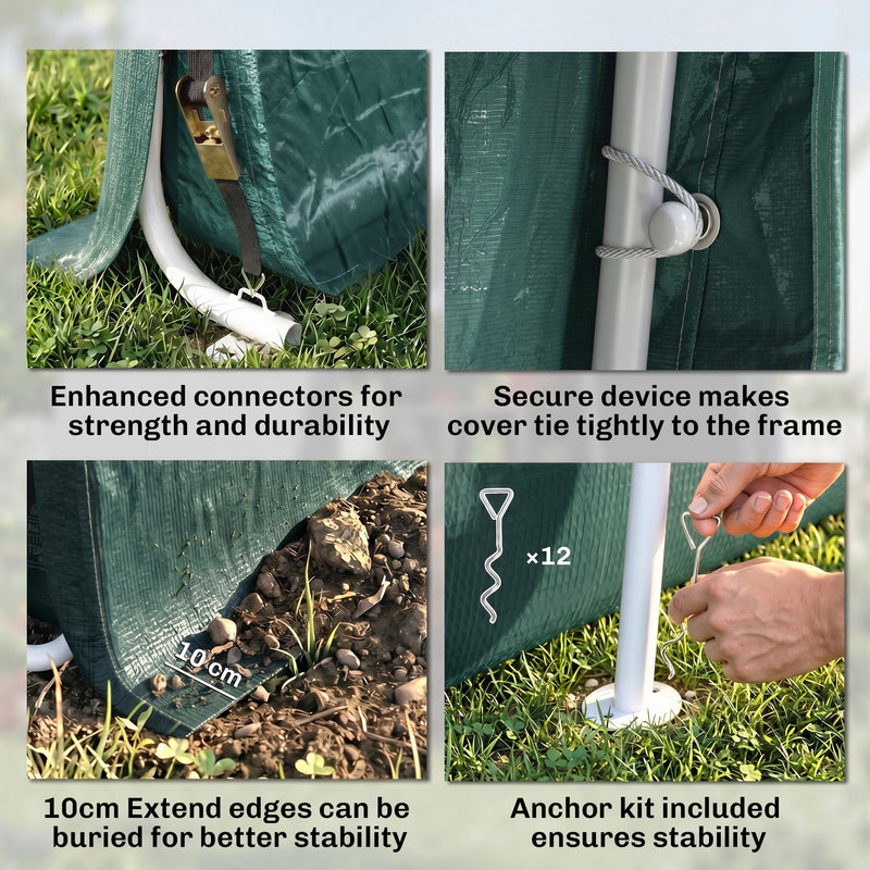 Four close-ups of the frame connectors, cover tie-down, 10 cm buried edges and anchor kit