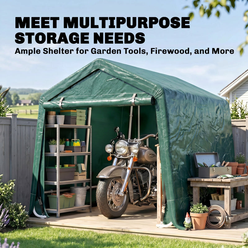 Green shed storing a motorbike, shelving and a workbench for multipurpose storage
