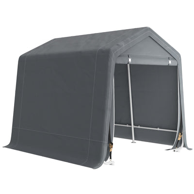 Dark grey 6.5x8ft portable garden storage shed with two roll-up zip doors on a white background