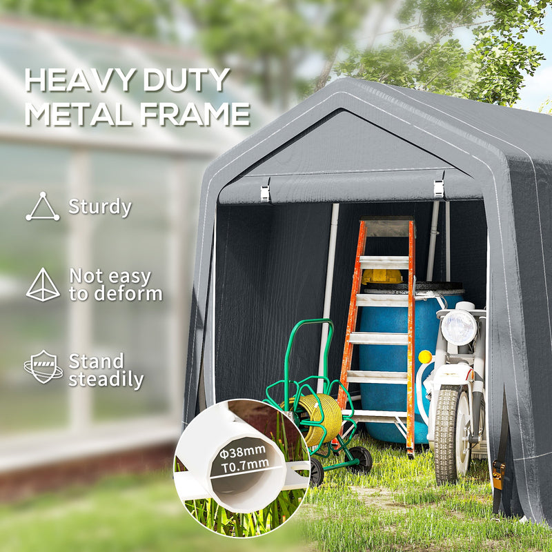 Dark grey shed with heavy duty metal frame housing a ladder, hose reel and water butt