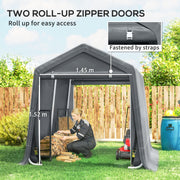Dark grey shed with two roll-up zip doors, 1.45 m door width and strap fastening close-up
