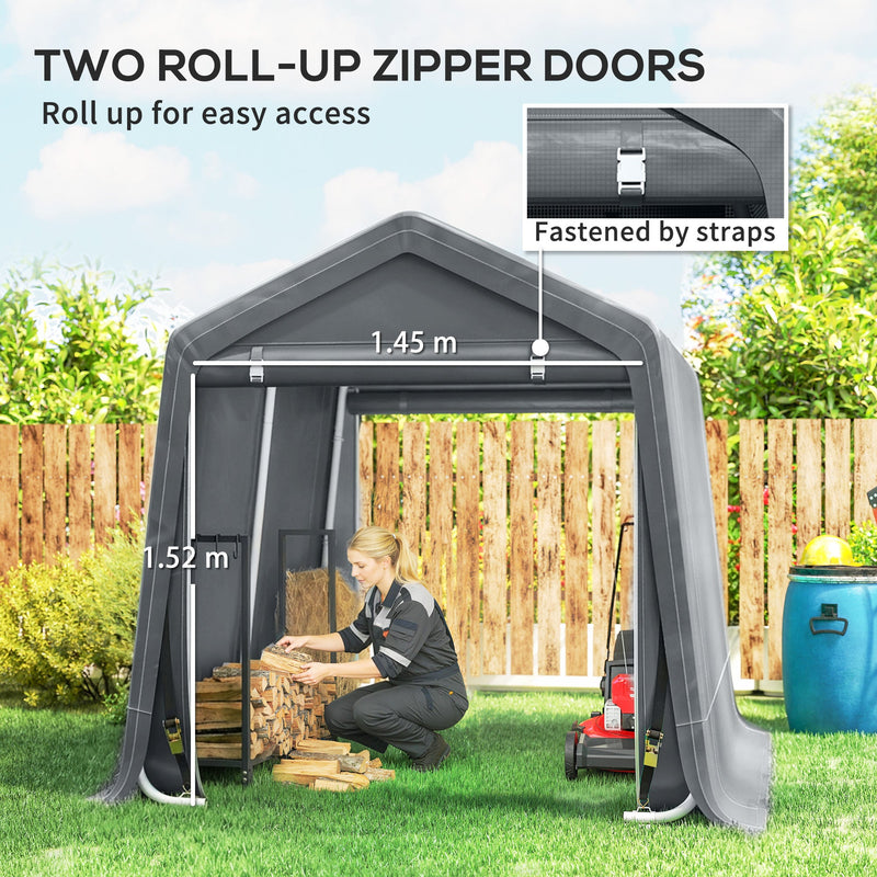 Dark grey shed with two roll-up zip doors, 1.45 m door width and strap fastening close-up