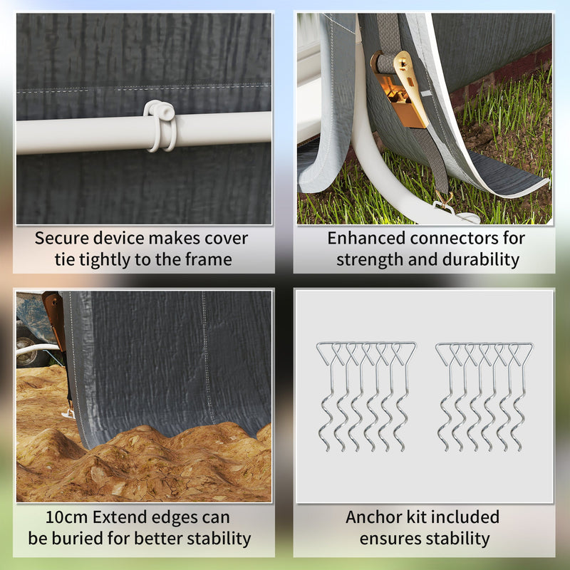 Four close-ups of the frame connectors, cover tie-down, 10 cm buried edges and anchor kit