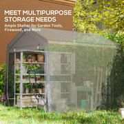 Dark grey shed with a see-through cover showing garden shelving inside