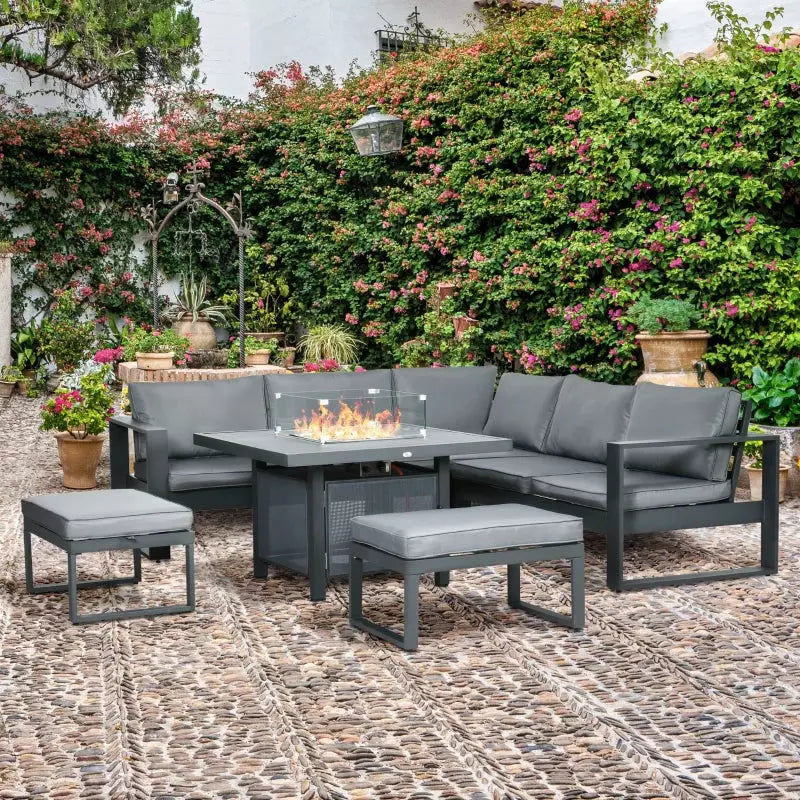 Garden Furniture With Fire Pit Table, 7 Seater Corner Sofa