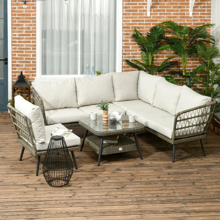 5 Piece Outdoor Rattan Corner Sofa Set with Cushions, Grey