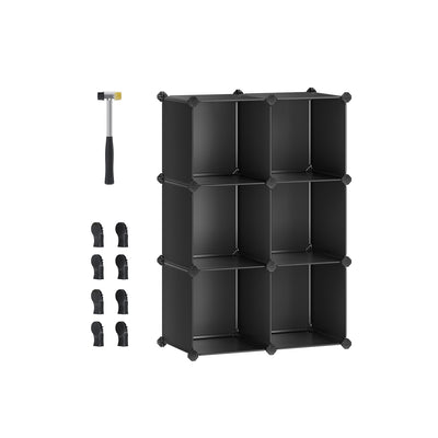 6-cube ink black storage organiser with rubber mallet and connectors, studio shot