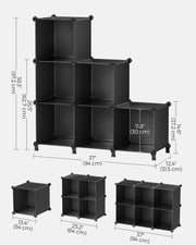 Dimensions diagram showing the ladder shape at 94cm wide, 97.2cm tall and 31.5cm deep, plus individual cube configurations