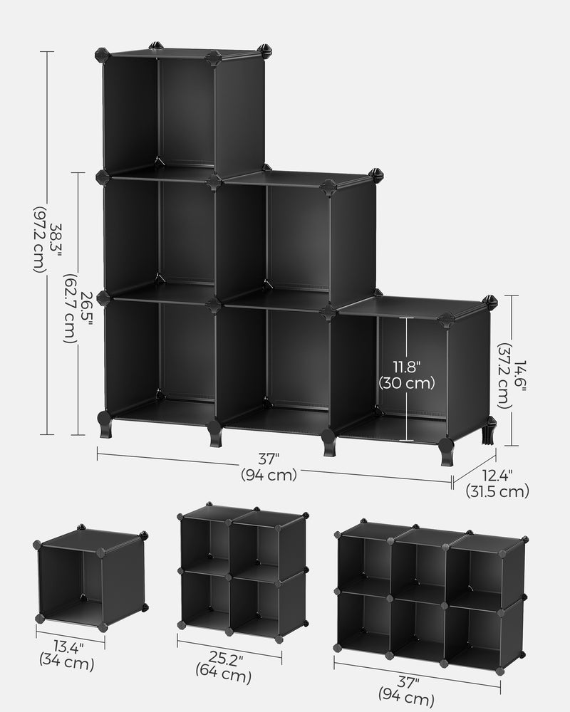 Dimensions diagram showing the ladder shape at 94cm wide, 97.2cm tall and 31.5cm deep, plus individual cube configurations