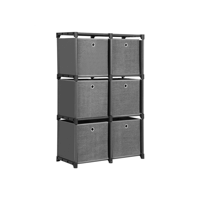 The same parts built as a 2 x 3 block, holding six grey fabric storage boxes