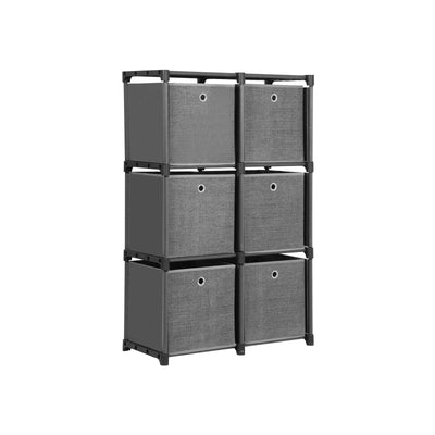 The same parts built as a 2 x 3 block, holding six grey fabric storage boxes