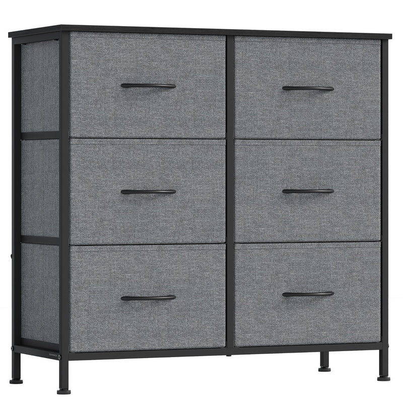 6-drawer fabric chest of drawers in Slate Grey with black frame on a white background