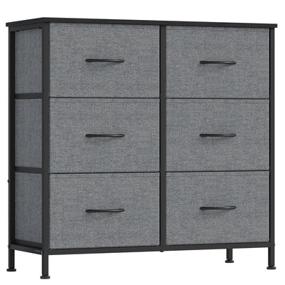 6-drawer fabric chest of drawers in Slate Grey with black frame on a white background