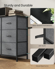 Close-ups of the particleboard top, anti-tip kit and steel frame of the chest of drawers