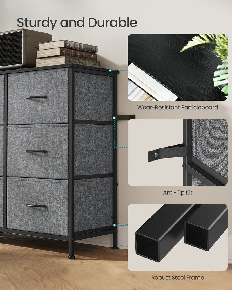 Close-ups of the particleboard top, anti-tip kit and steel frame of the chest of drawers