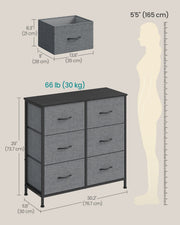 Dimensions diagram of the 6-drawer chest showing 76.7 x 30 x 73.7 cm, drawer size and 30 kg top load