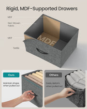Cutaway of an MDF-supported non-woven fabric drawer compared with a drawer that loses its shape