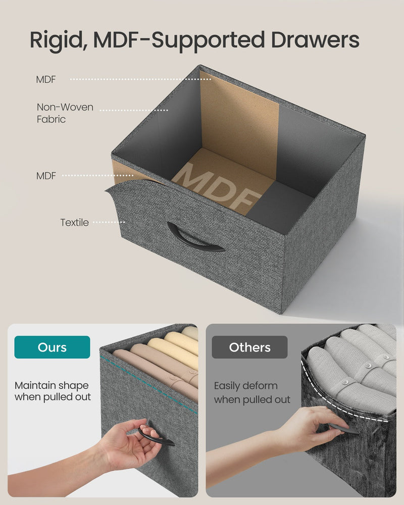 Cutaway of an MDF-supported non-woven fabric drawer compared with a drawer that loses its shape