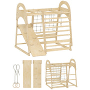 Aiyaplay 6-in-1 wooden climbing frame with slide, ladder, monkey bars and climbing net, assembly view