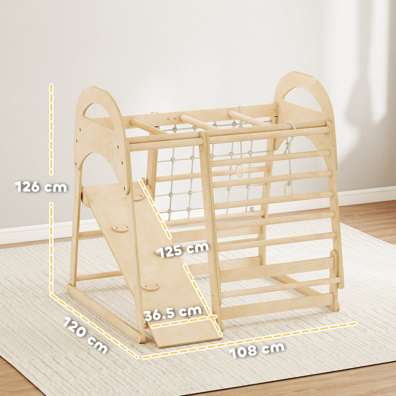 Dimension diagram of the Aiyaplay climbing frame showing 108 x 120 x 126 cm overall size and 125 x 36.5 cm slide